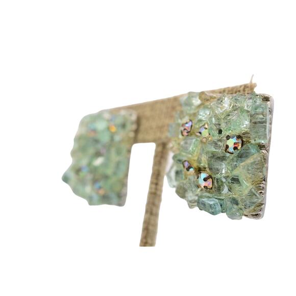 Lori B Vintage Crystal Earrings Pressed Glass Green AB Heavy Signed 1980s Bin4 - Picture 2 of 12